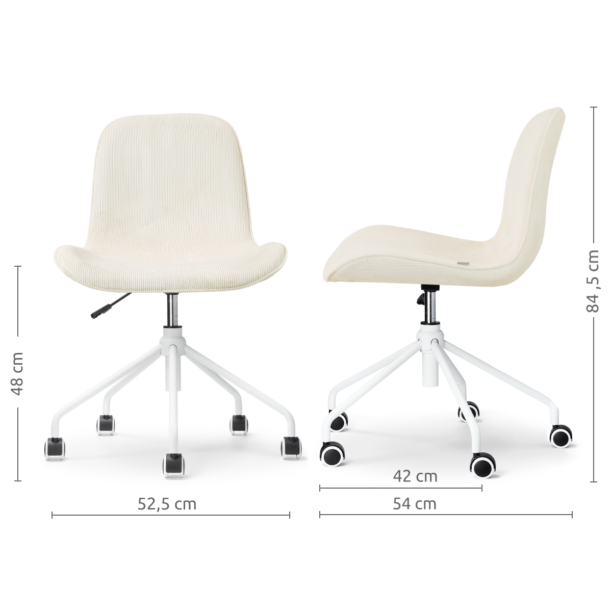 afmetingen van de Nout-Fé bureaustoel rib beige - wit onderstel