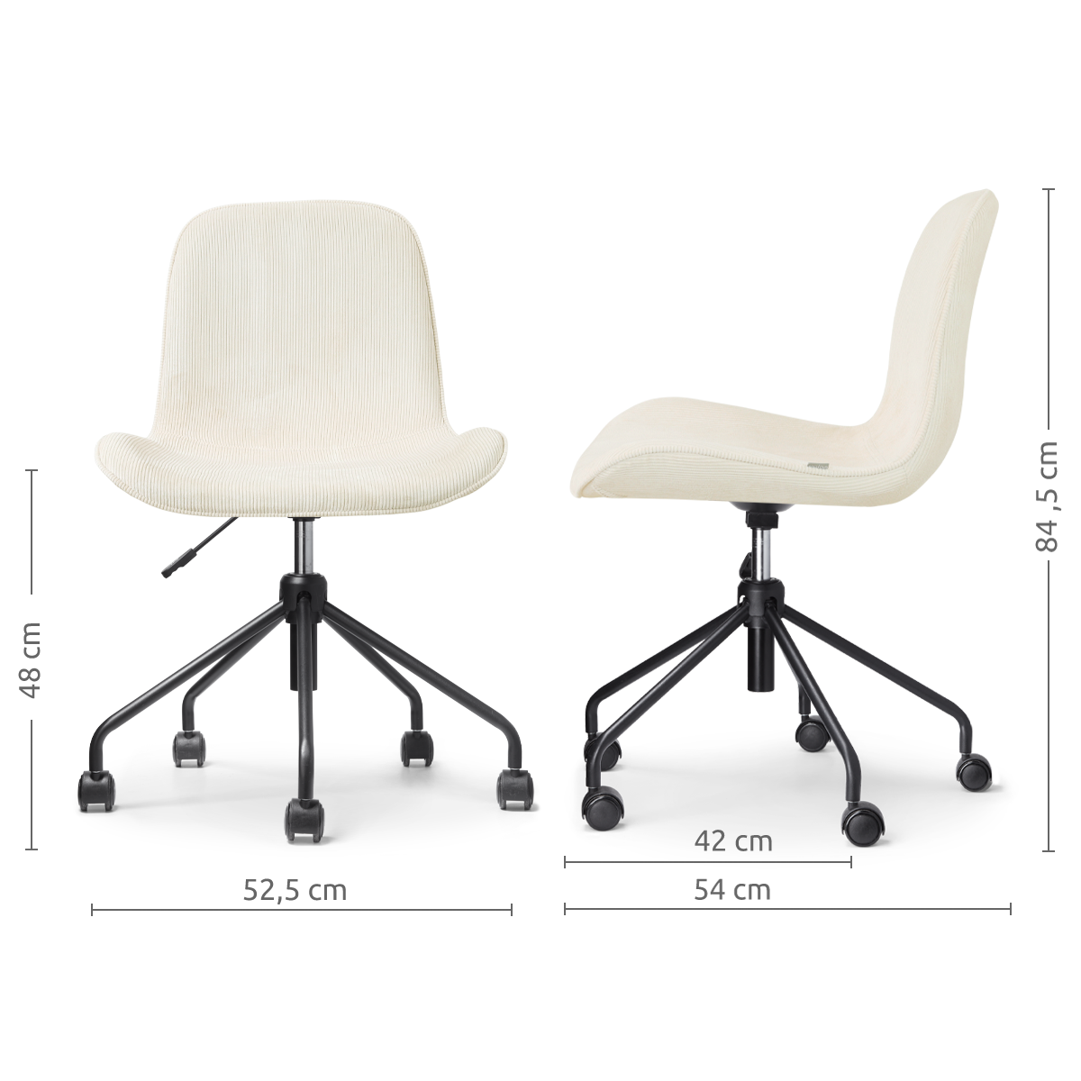 afmetingen van de Nout-Fé bureaustoel rib beige - zwart onderstel