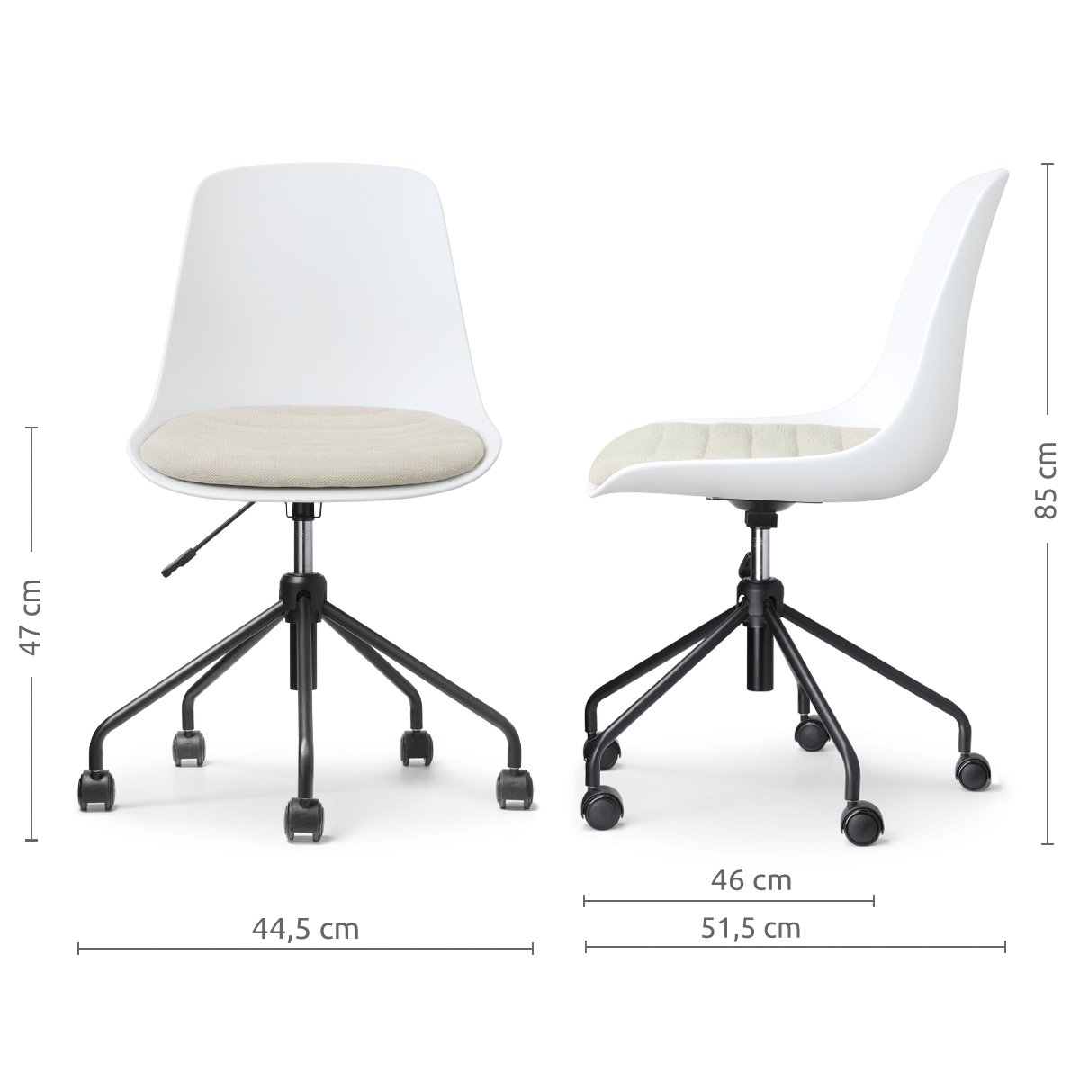 afmetingen van de Nout-Liv eetkamerstoel wit met naturelbeige zitkussen - zwart onderstel