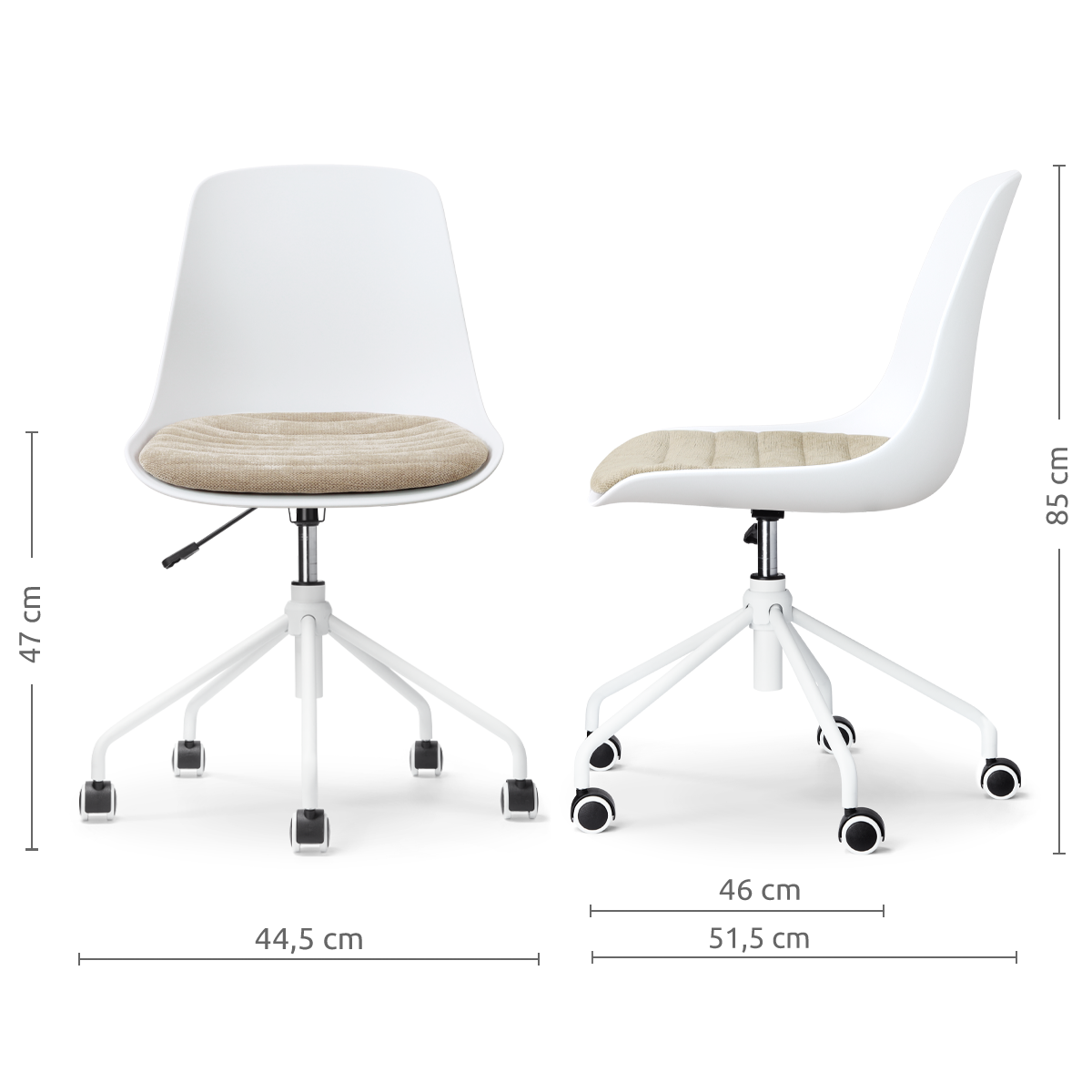 afmetingen van de Nout-Liv eetkamerstoel wit met nougatbruin zitkussen - wit onderstel