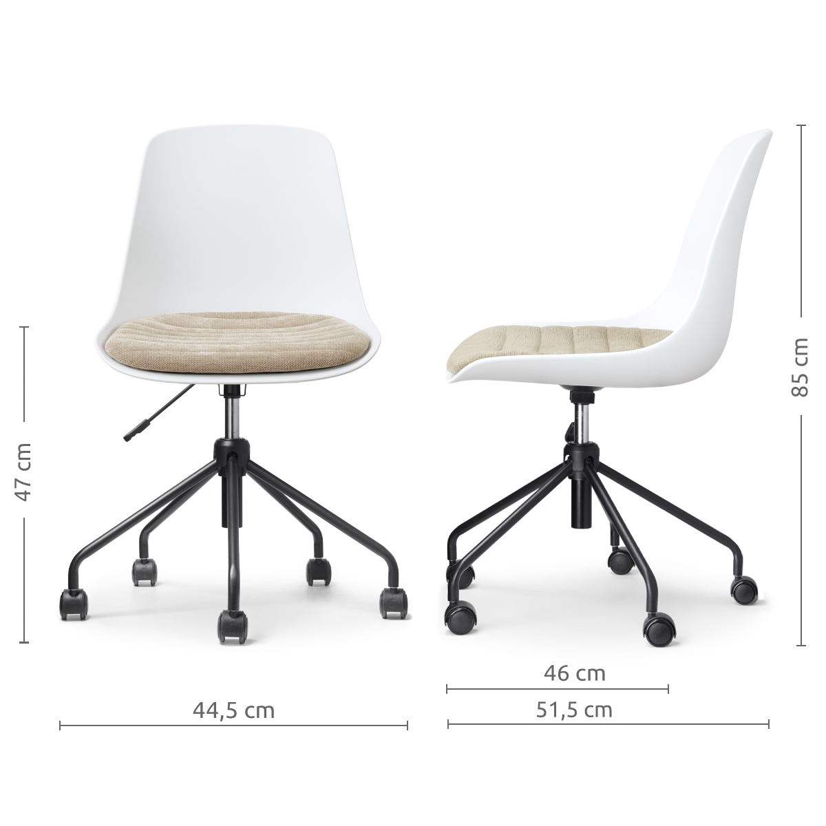 afmetingen van de Nout-Liv eetkamerstoel wit met nougatbruin zitkussen - zwart onderstel