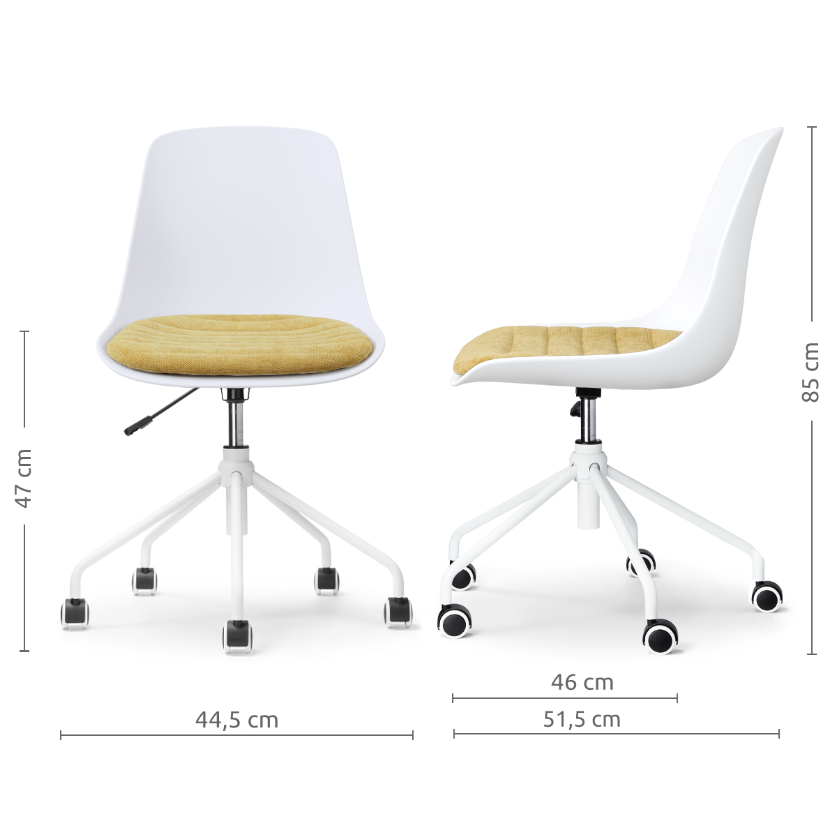 maatvoering van de Nout-Liv eetkamerstoel wit met warm oker zitkussen - wit onderstel