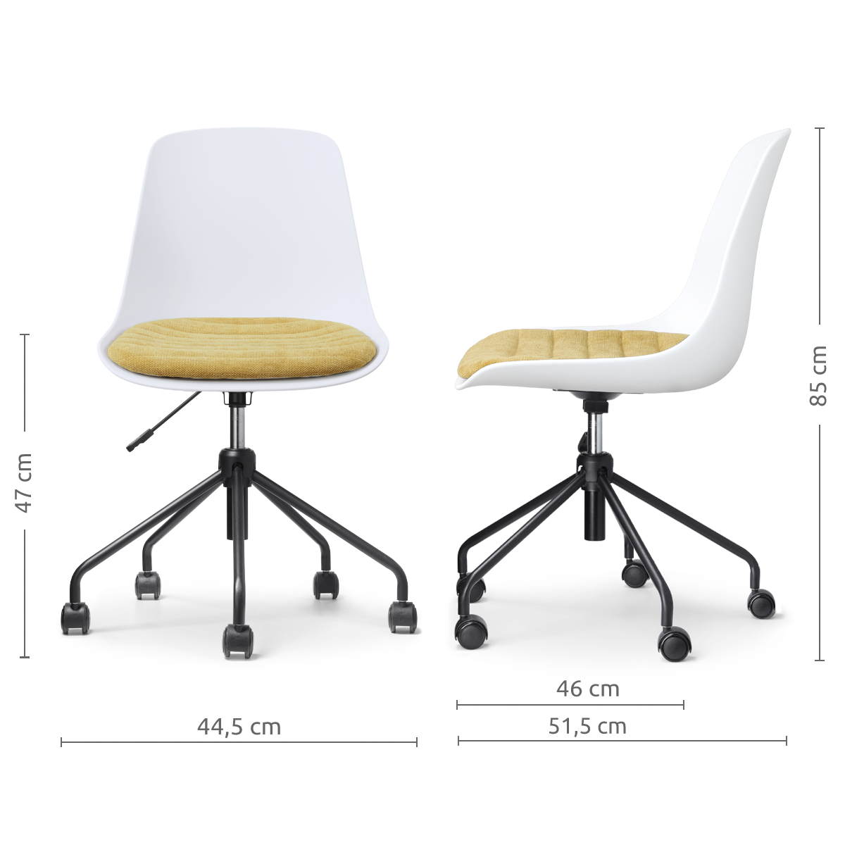 maatvoering van de Nout-Liv eetkamerstoel wit met warm oker zitkussen - zwart onderstel