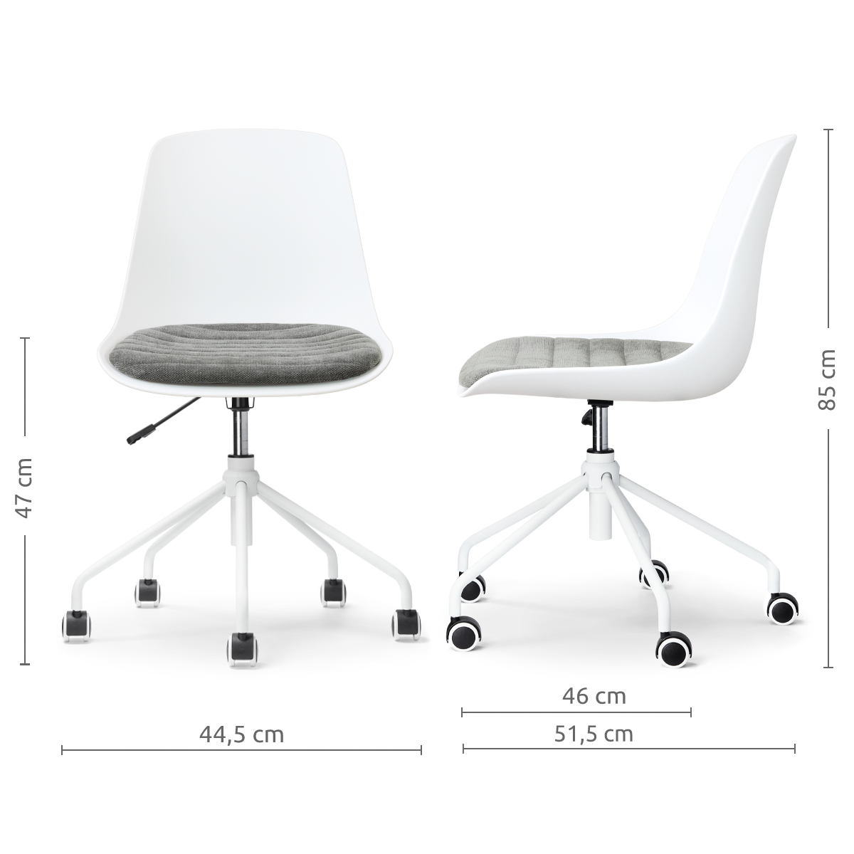 afmetingen van de Nout-Liv eetkamerstoel wit met zeegrijs zitkussen - wit onderstel