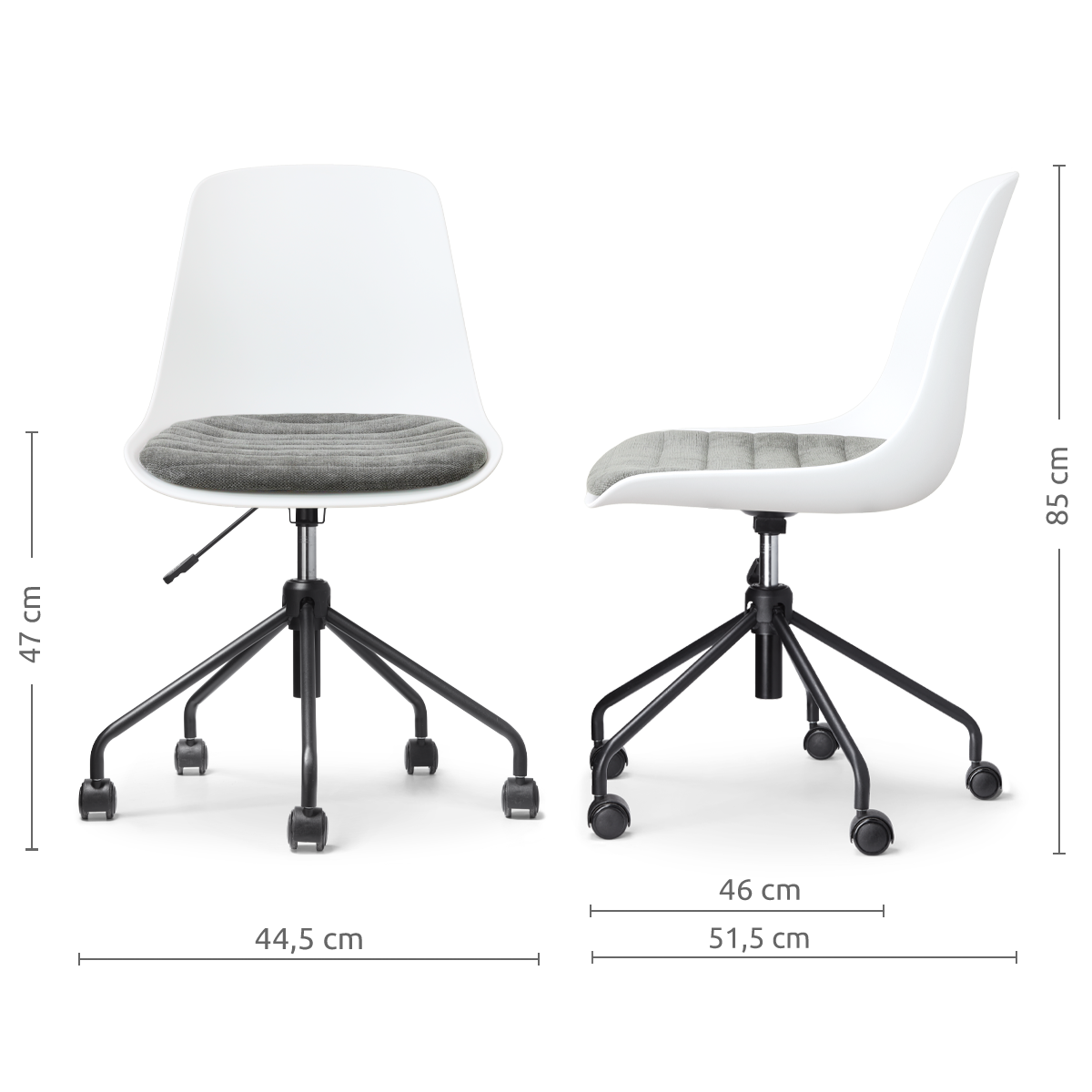 afmetingen van de Nout-Liv eetkamerstoel wit met zeegrijs zitkussen - zwart onderstel