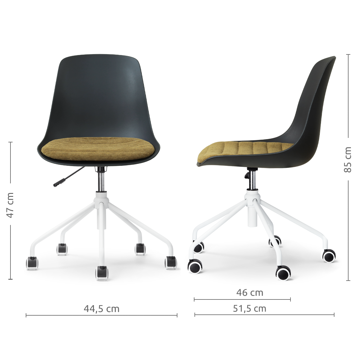 afmetingen van de Nout-Liv eetkamerstoel zwart met mosgroen zitkussen - wit onderstel
