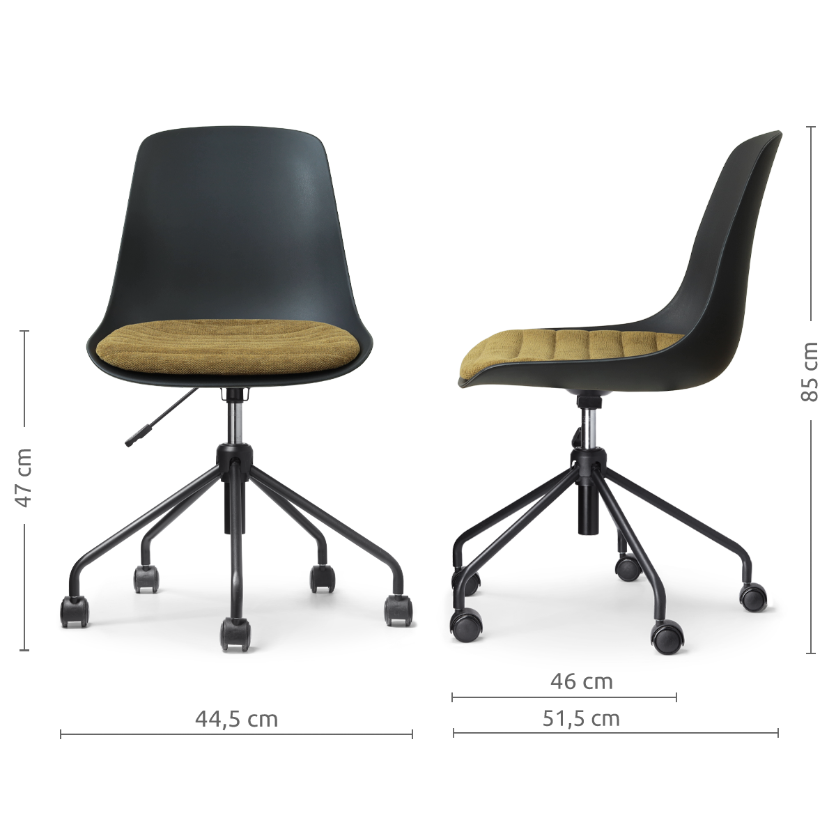 afmetingen van de Nout-Liv eetkamerstoel zwart met mosgroen zitkussen - zwart onderstel