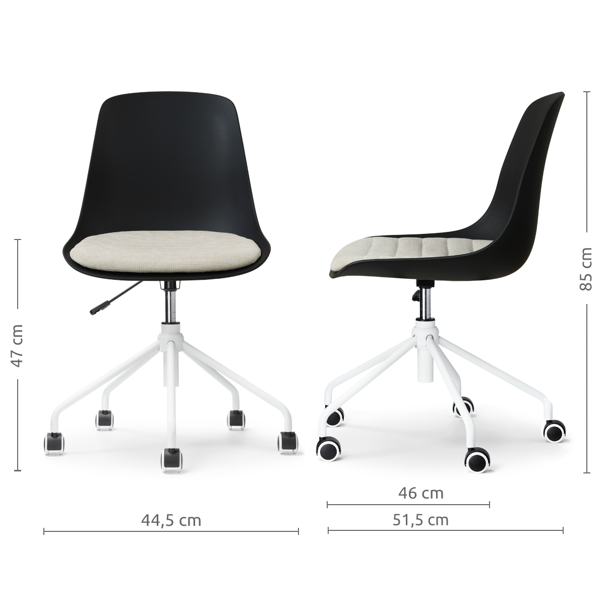 afmetingen van de Nout-Liv eetkamerstoel zwart met naturelbeige zitkussen - wit onderstel