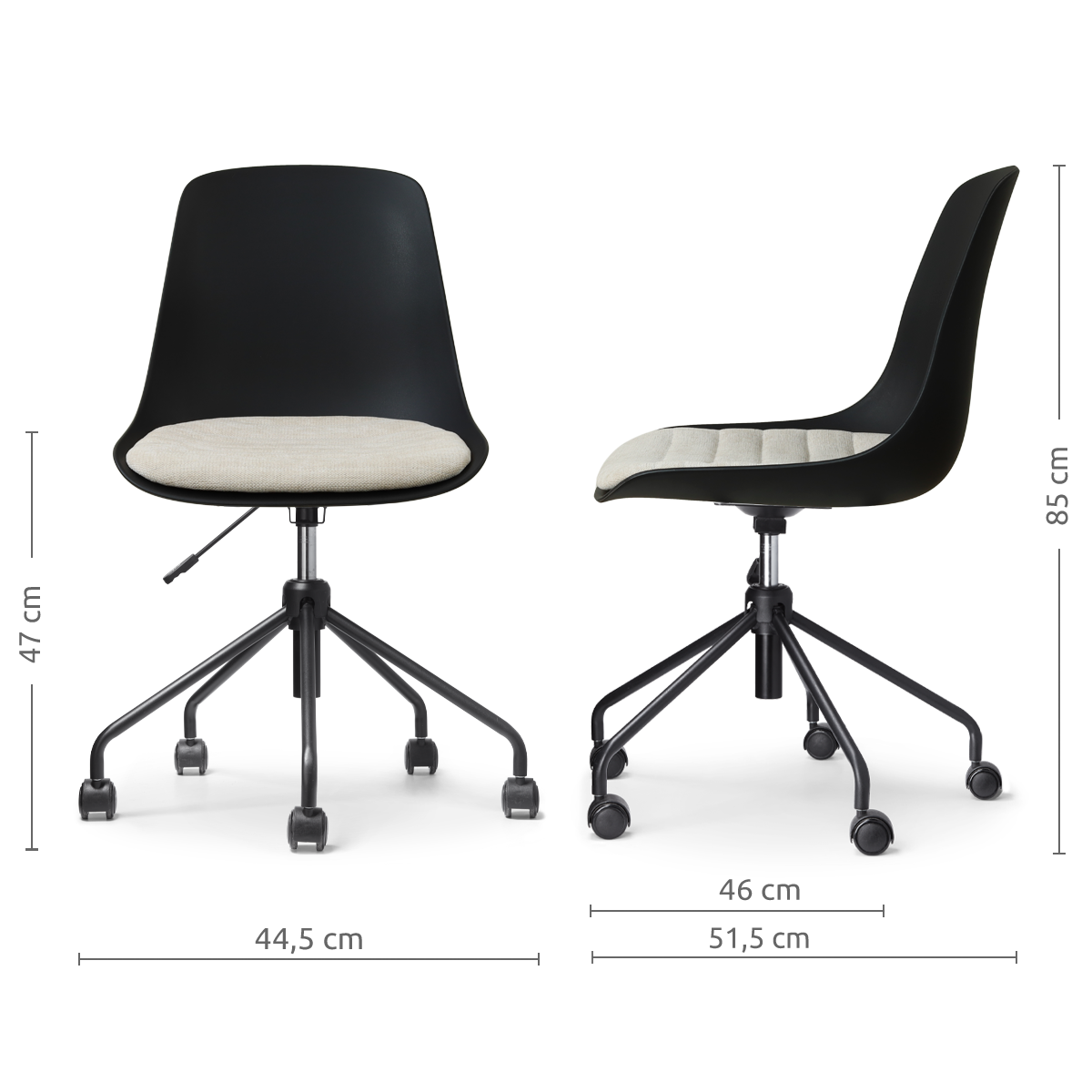 afmetingen van de Nout-Liv eetkamerstoel zwart met naturelbeige zitkussen - zwart onderstel