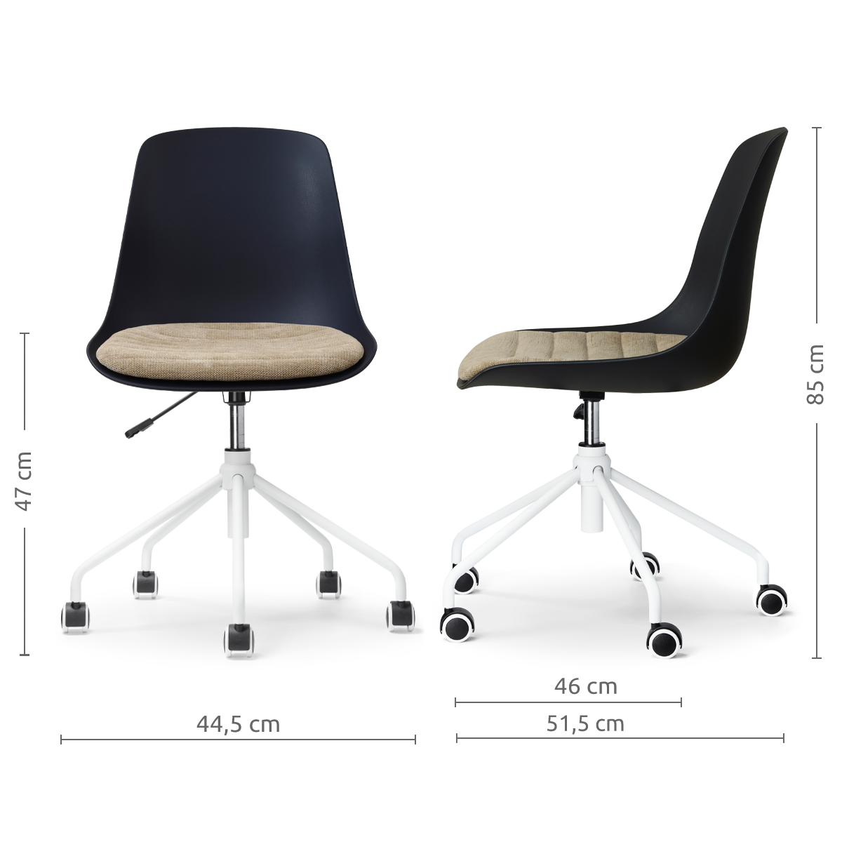 afmetingen van de Nout-Liv eetkamerstoel zwart met nougatbruin zitkussen - wit onderstel