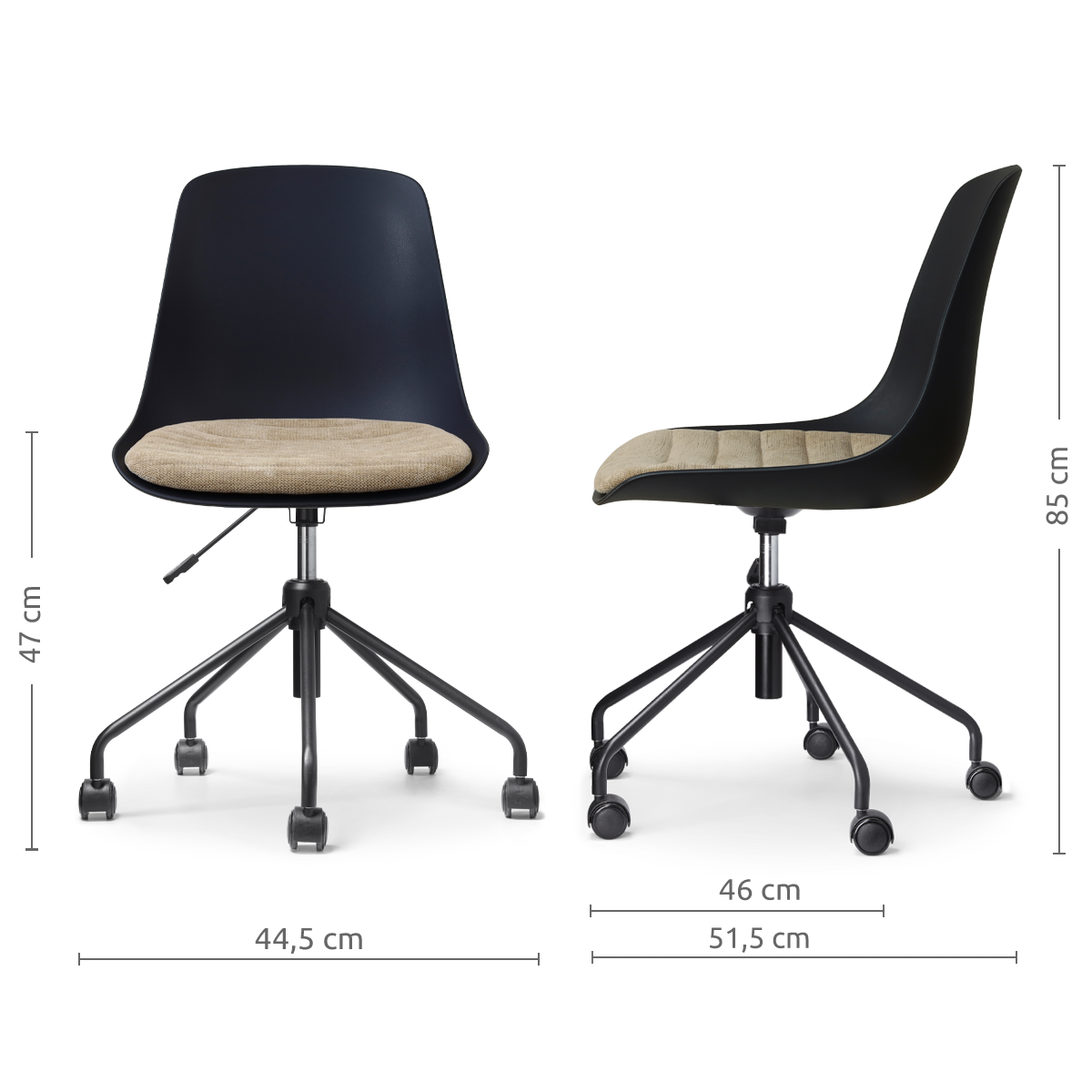 afmetingen van de Nout-Liv eetkamerstoel zwart met nougatbruin zitkussen - zwart onderstel