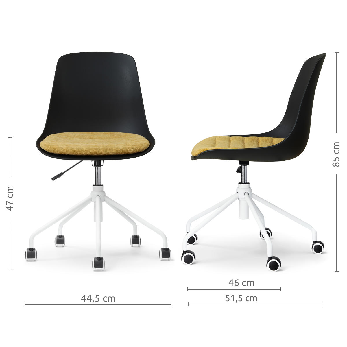 maatvoering van de Nout-Liv eetkamerstoel zwart met warm oker zitkussen - wit onderstel