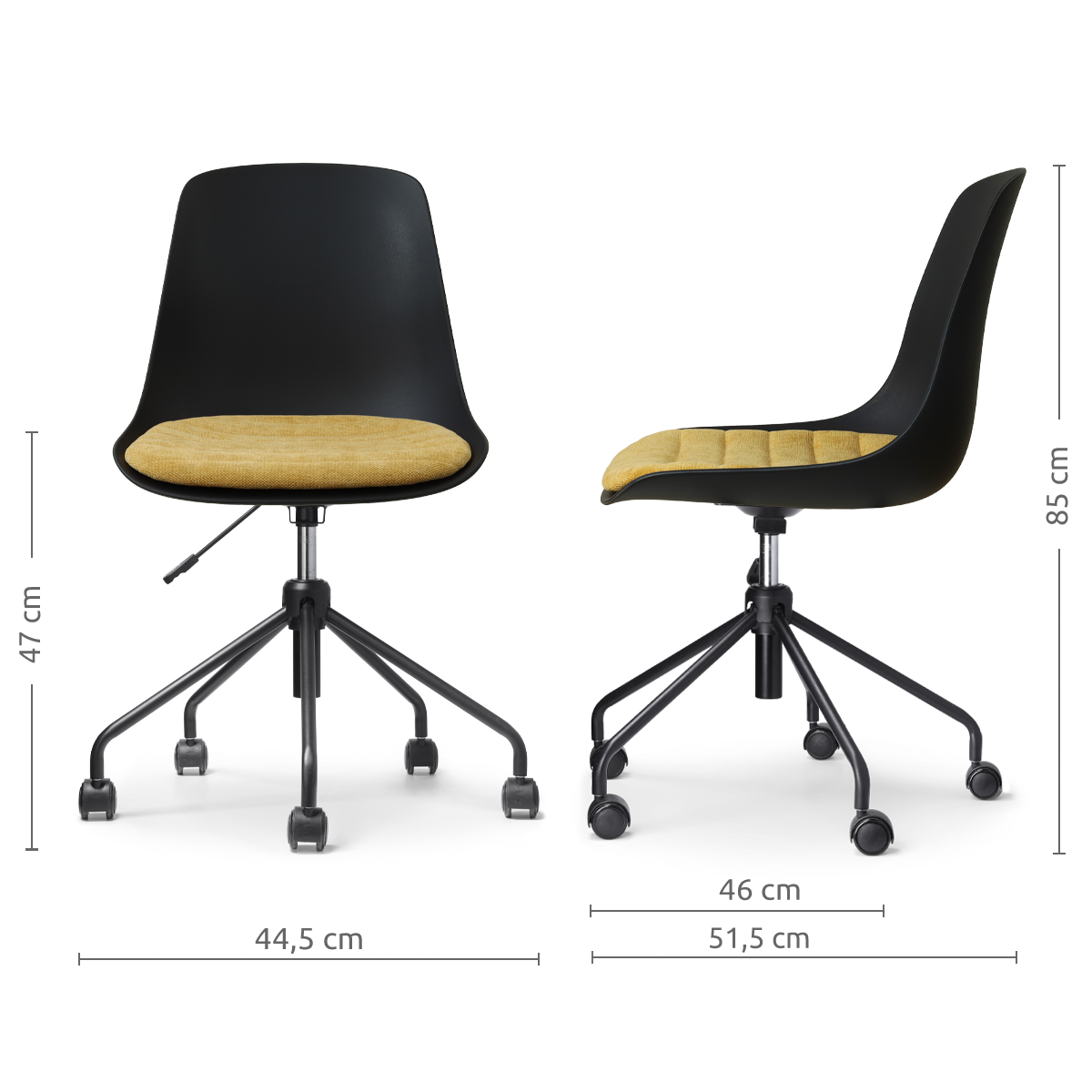 maatvoering van de Nout-Liv eetkamerstoel zwart met warm oker zitkussen - zwart onderstel