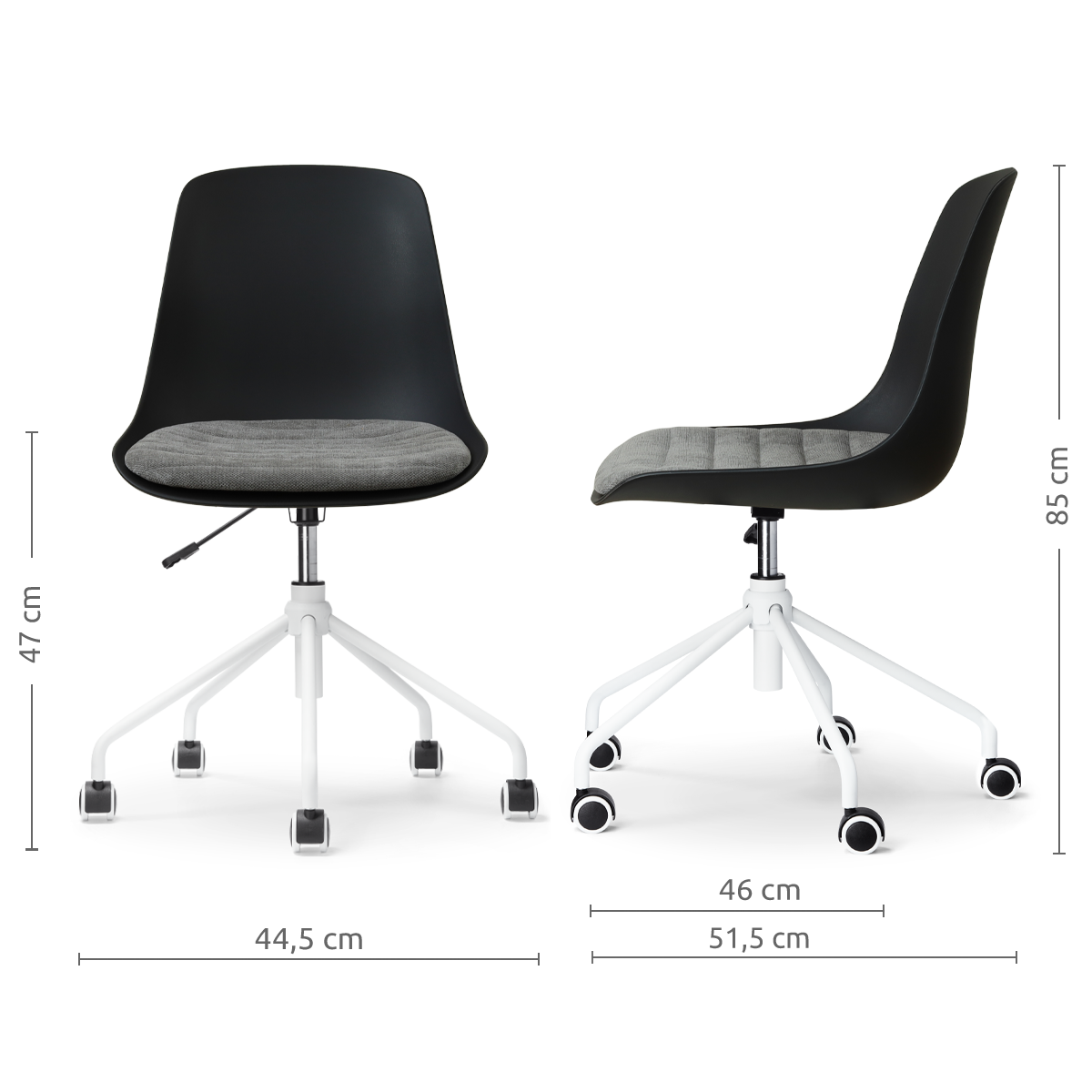 afmetingen van de Nout-Liv eetkamerstoel zwart met zeegrijs zitkussen - wit onderstel