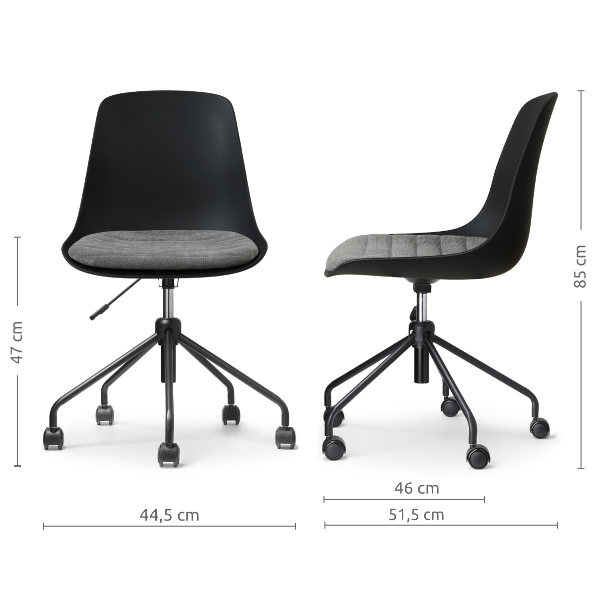 afmetingen van de Nout-Liv eetkamerstoel zwart met zeegrijs zitkussen - zwart onderstel