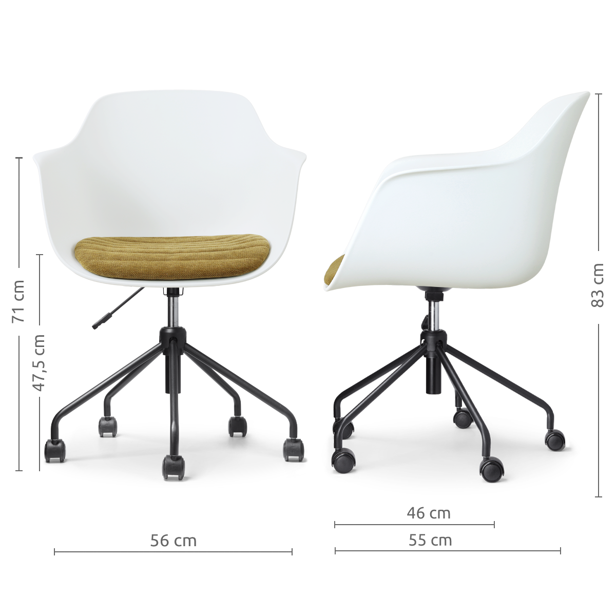 afmetingen van de Nout-Liz eetkamerstoel wit met mosgroen zitkussen - zwart onderstel