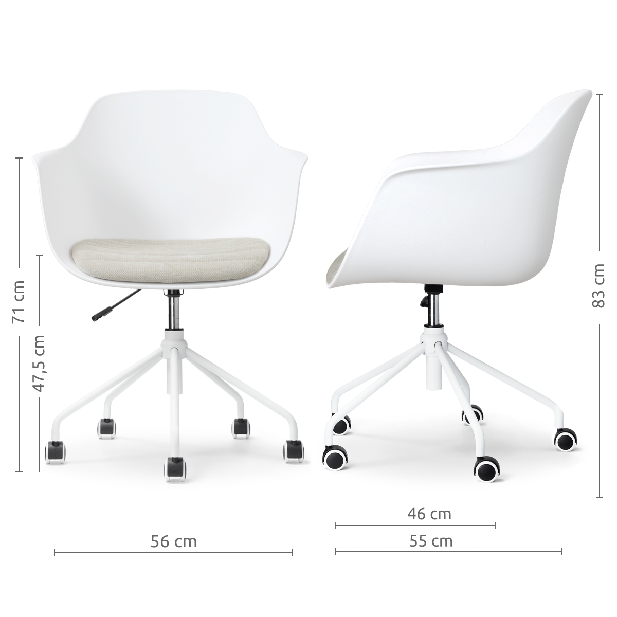 afmetingen van de Nout-Liz eetkamerstoel wit met naturelbeige zitkussen - wit onderstel