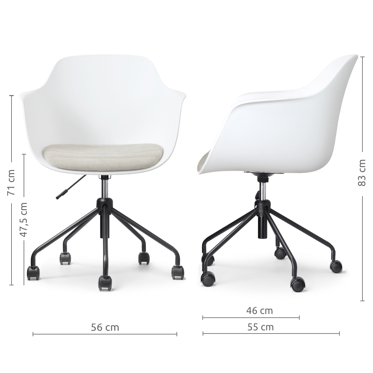 afmetingen van de Nout-Liz eetkamerstoel wit met naturelbeige zitkussen - zwart onderstel