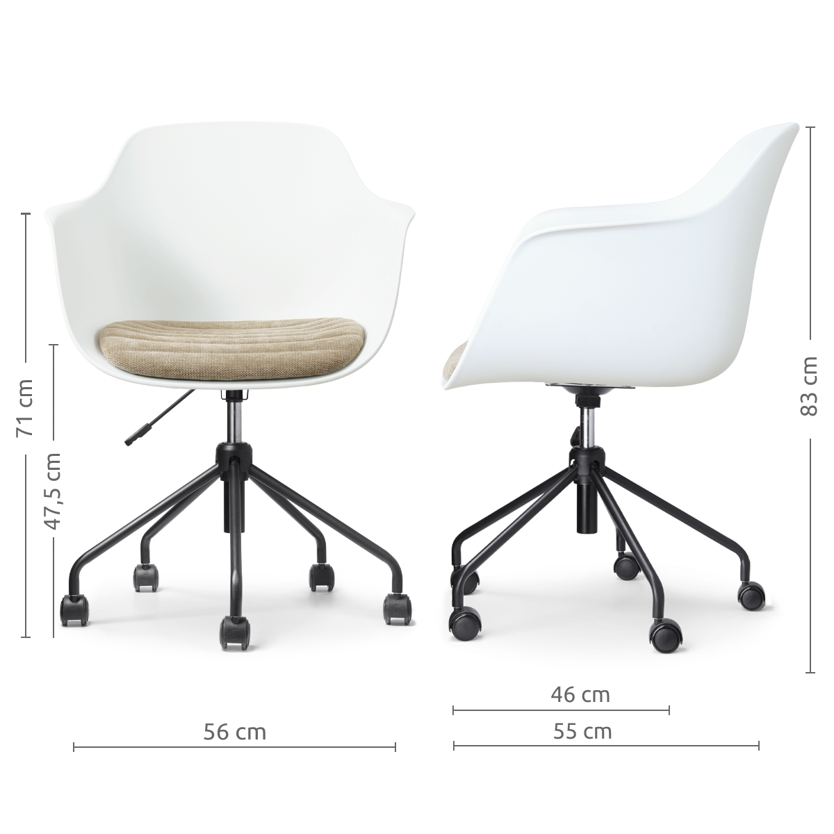 afmetingen van de Nout-Liz eetkamerstoel wit met nougatbruin zitkussen - wit onderstel