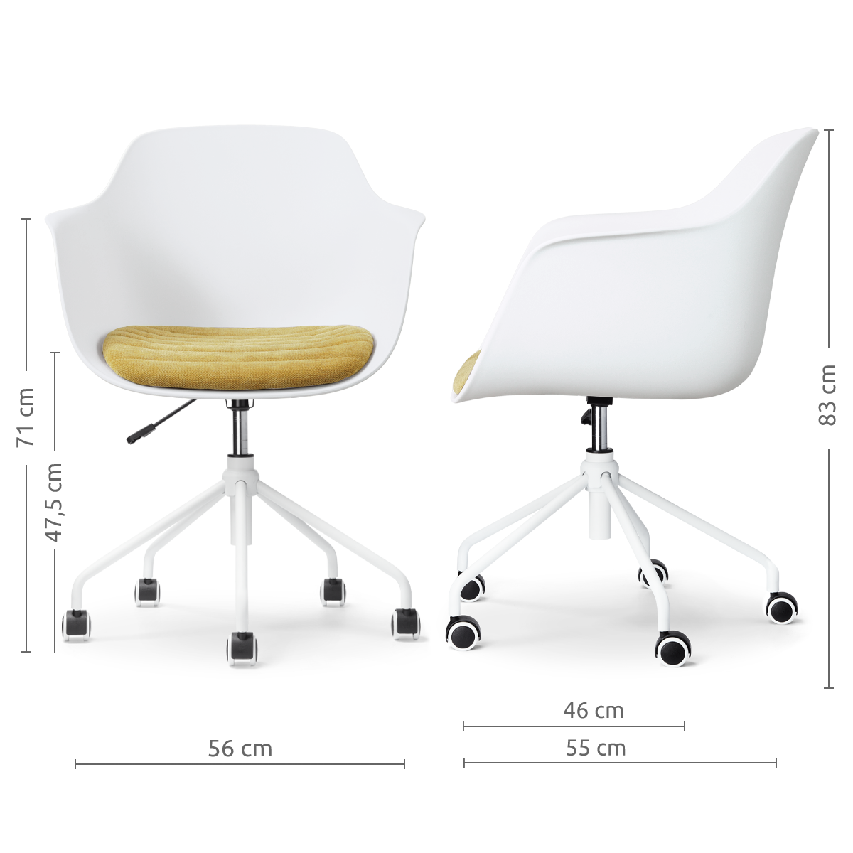 maatvoering van de Nout-Liz eetkamerstoel wit met warm oker zitkussen - wit onderstel