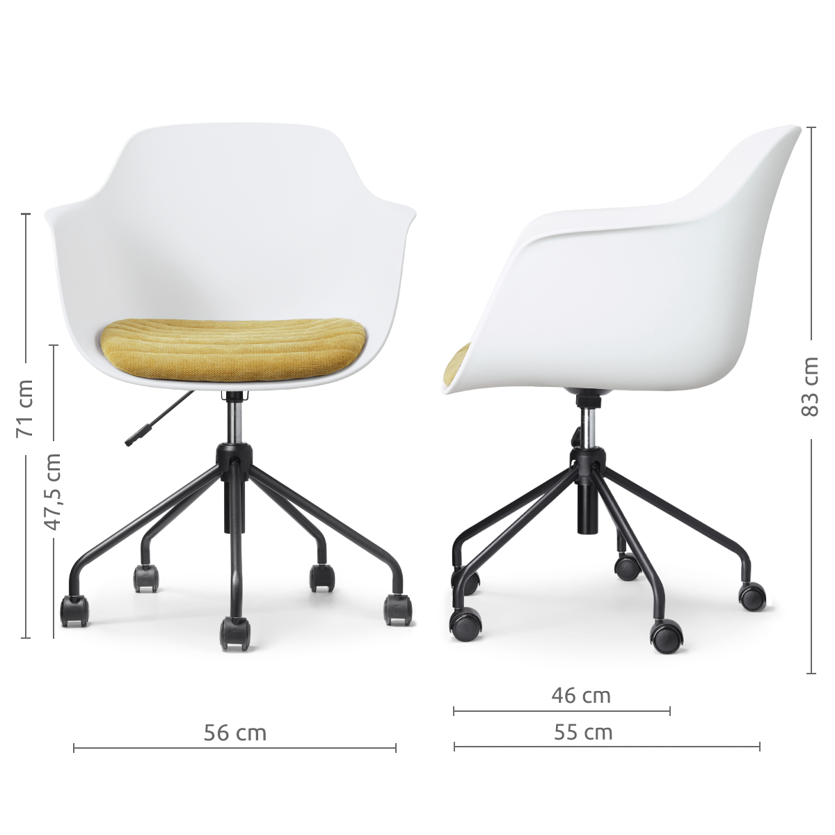 maatvoering van de Nout-Liz eetkamerstoel wit met warm oker zitkussen - zwart onderstel