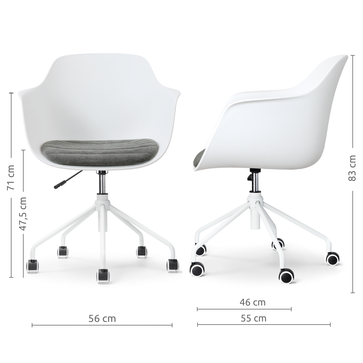 afmetingen van de Nout-Liz eetkamerstoel wit met zeegrijs zitkussen - wit onderstel