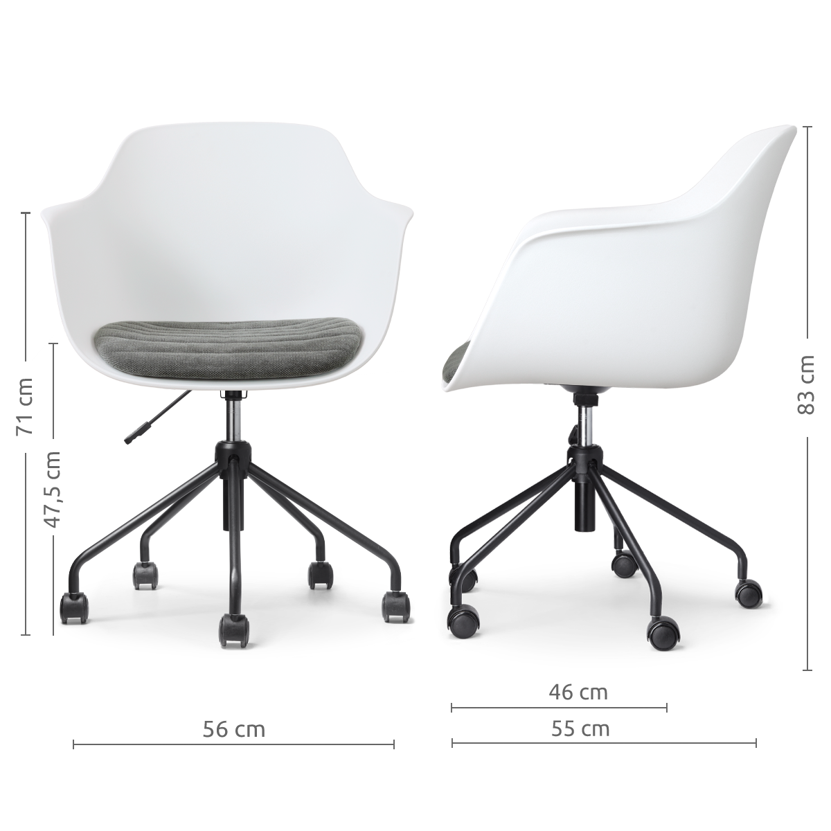 afmetingen van de Nout-Liz eetkamerstoel wit met zeegrijs zitkussen - zwart onderstel