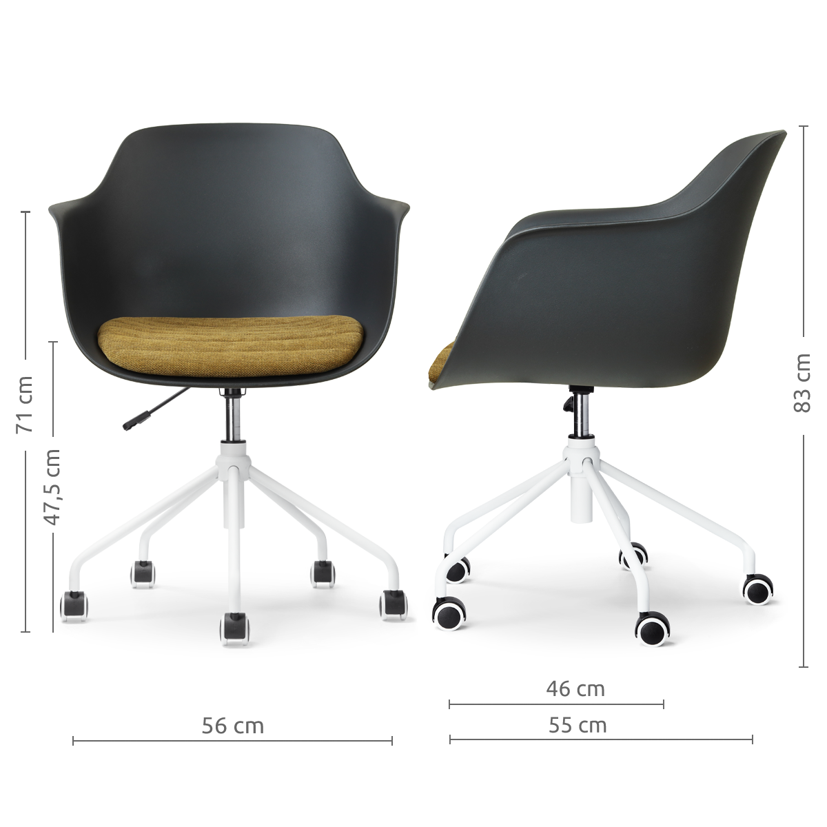 afmetingen van de Nout-Liz eetkamerstoel zwart met mosgroen zitkussen - wit onderstel