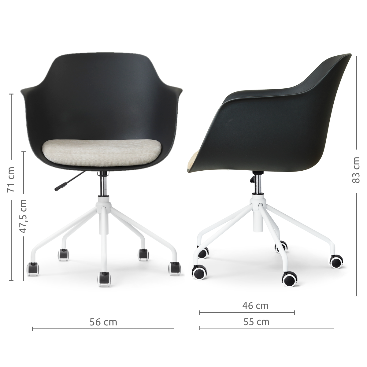 afmetingen van de Nout-Liz eetkamerstoel zwart met naturelbeige zitkussen - wit onderstel