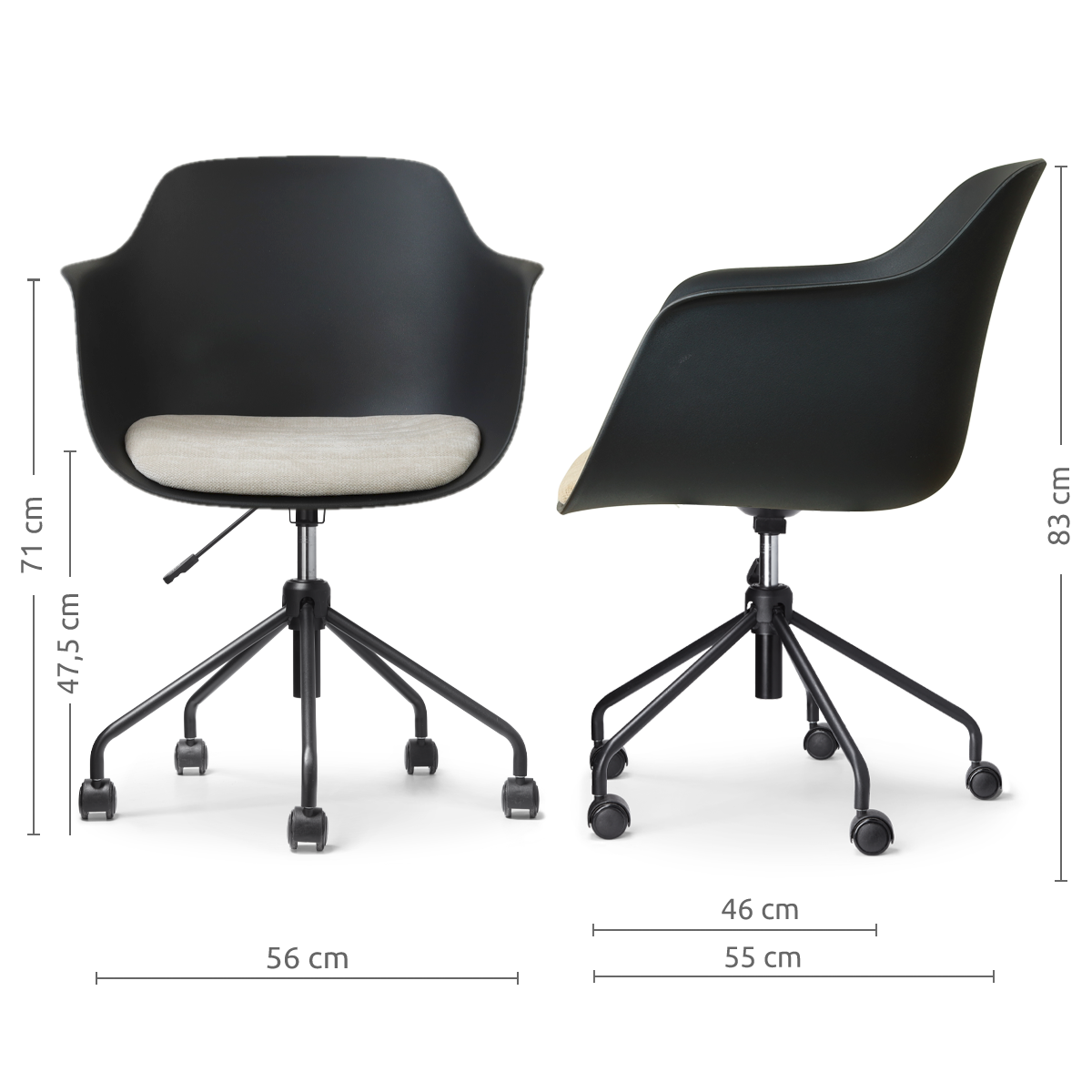 afmetingen van de Nout-Liz eetkamerstoel zwart met naturelbeige zitkussen - zwart onderstel