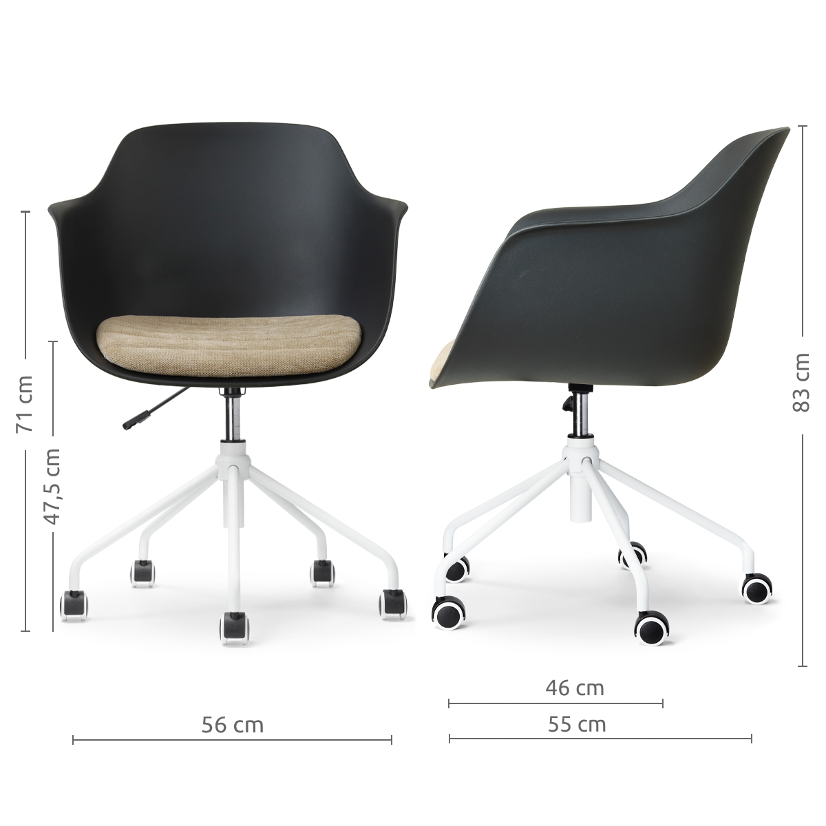 afmetingen van de Nout-Liz eetkamerstoel zwart met nougatbruin zitkussen - wit onderstel