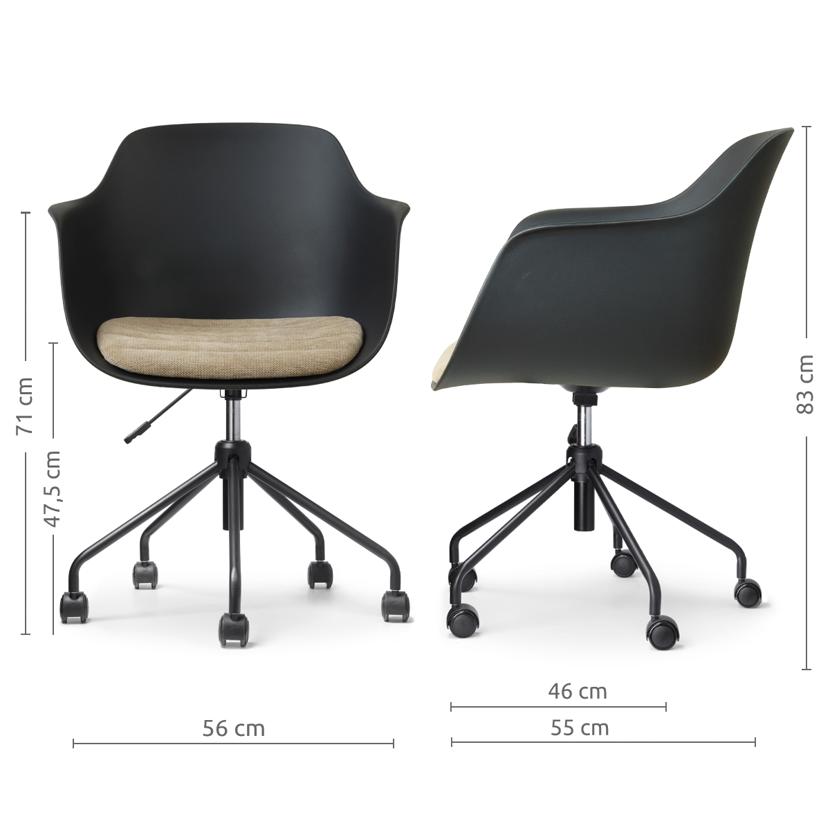 afmetingen van de Nout-Liz eetkamerstoel zwart met nougatbruin zitkussen - zwart onderstel