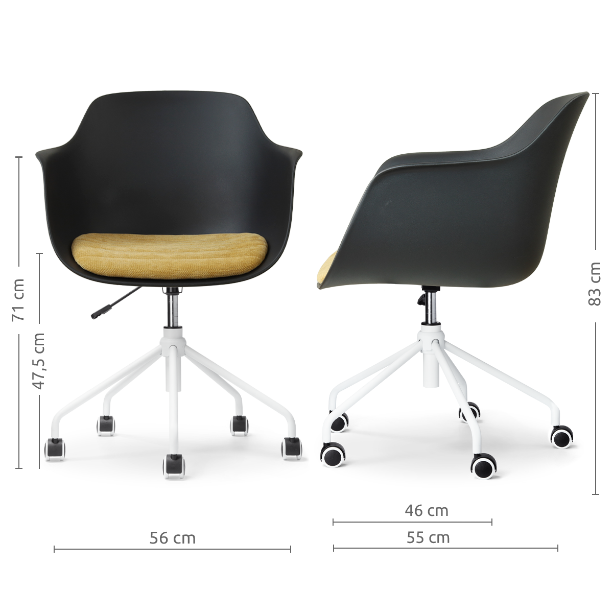 maatvoering van de Nout-Liz eetkamerstoel zwart met warm oker zitkussen - wit onderstel