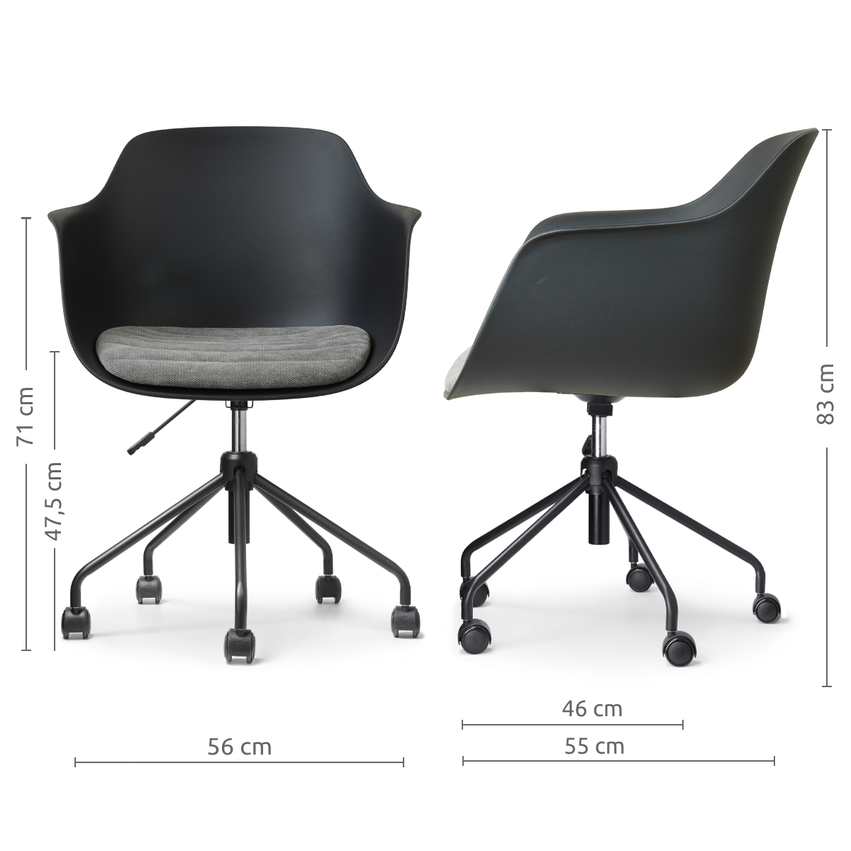 afmetingen van de Nout-Liz eetkamerstoel zwart met zeegrijs zitkussen - zwart onderstel