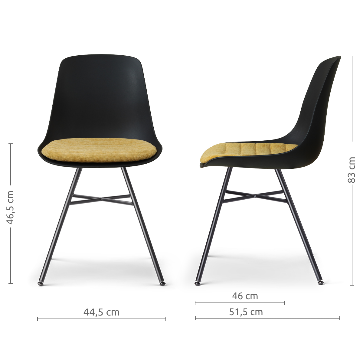 maatvoering van de Noa-Liv eetkamerstoel zwart met warm oker zitkussen - zwart onderstel