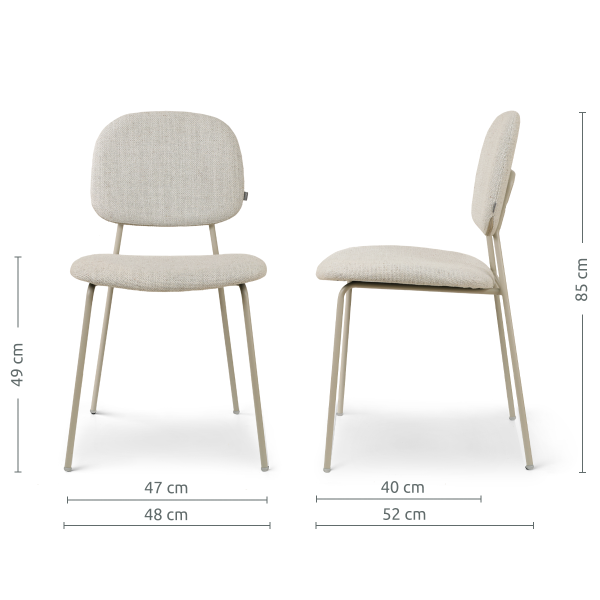 maatvoering van de Jasmijn eetkamerstoel beige melange - grijsbeige onderstel