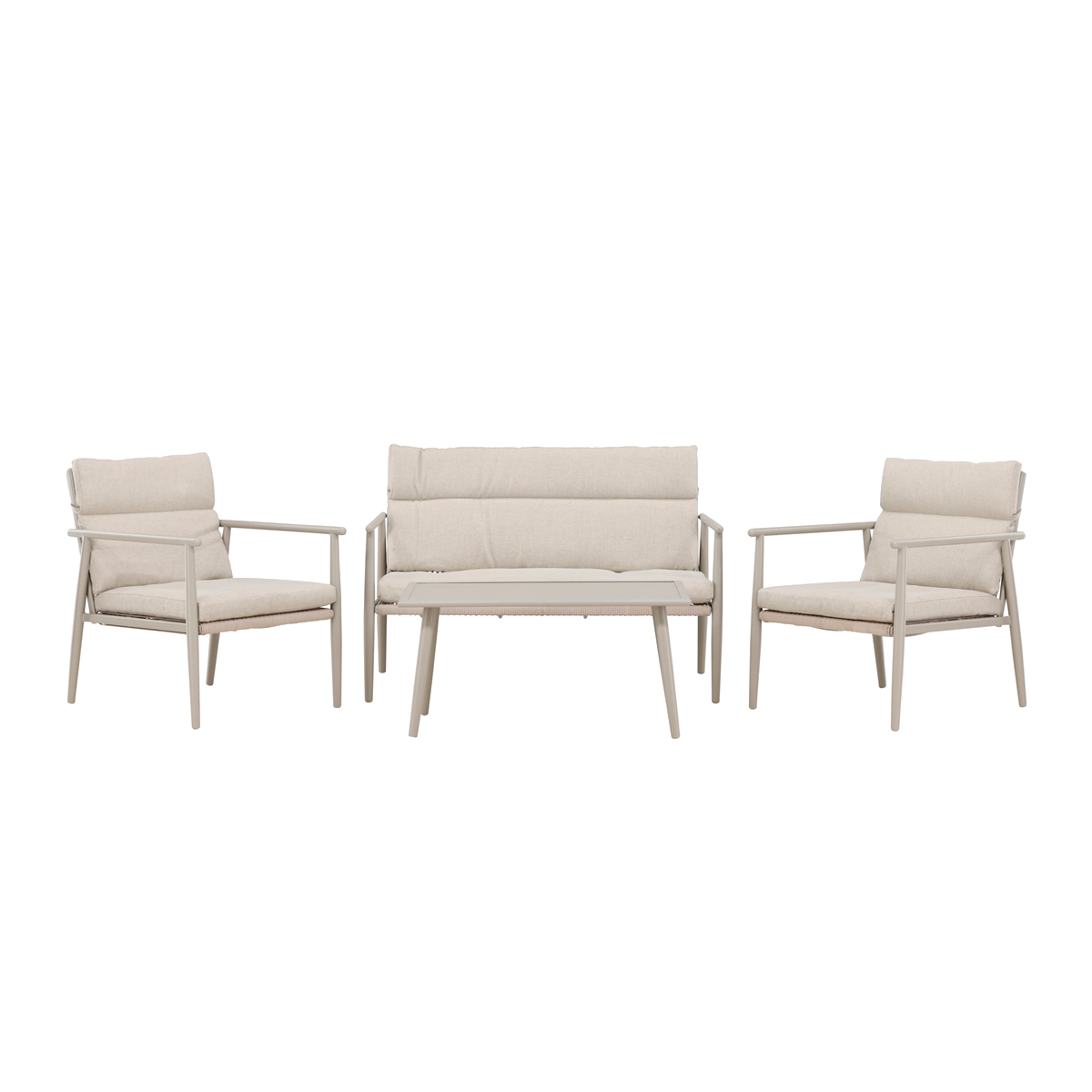 Margret tuin loungeset beige- tweezits bank, twee fauteuils en een salon tafel - met zitkussens