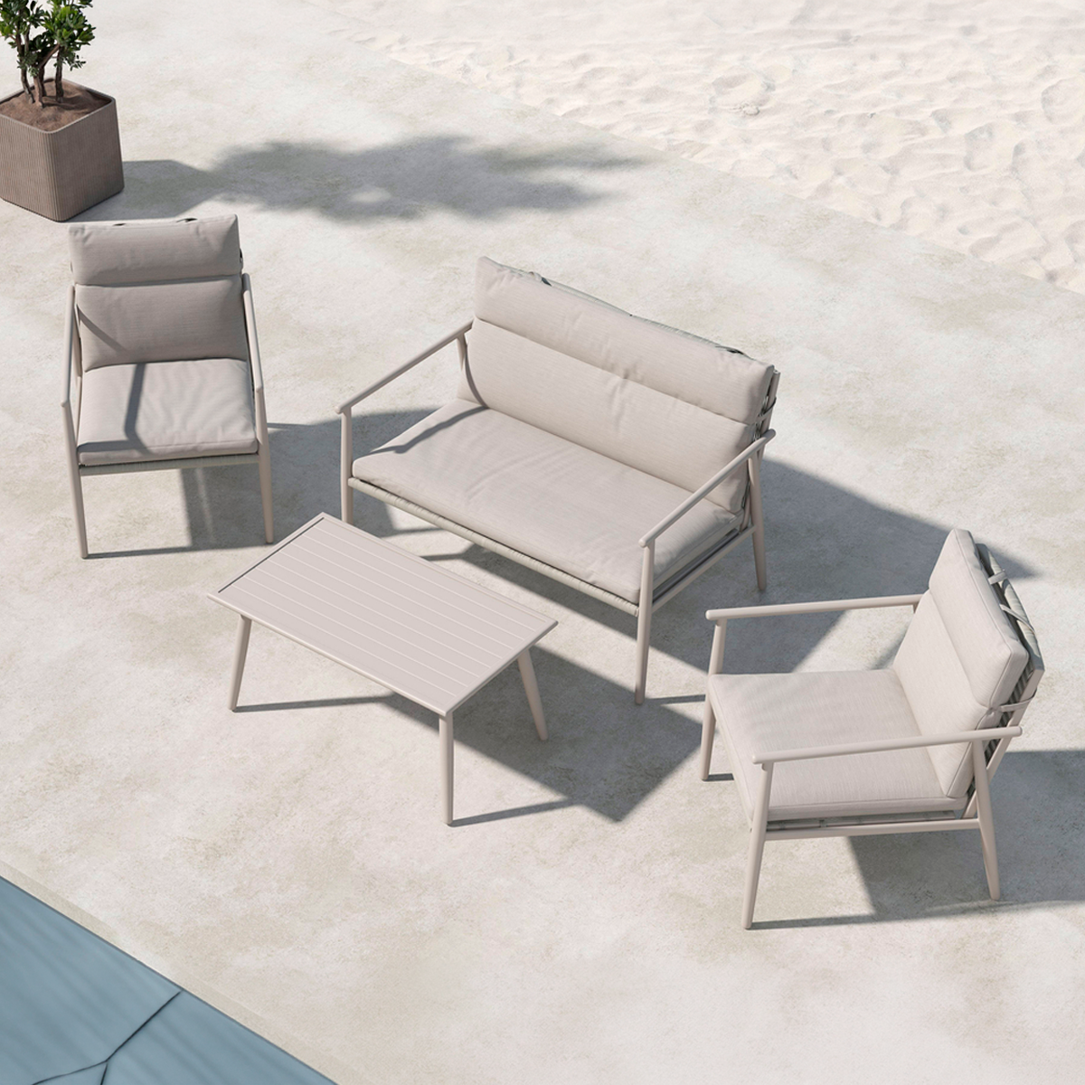 Margret tuin loungeset beige- tweezits bank, twee fauteuils en een salon tafel - met zitkussens tuinbank - tuinset - terras
