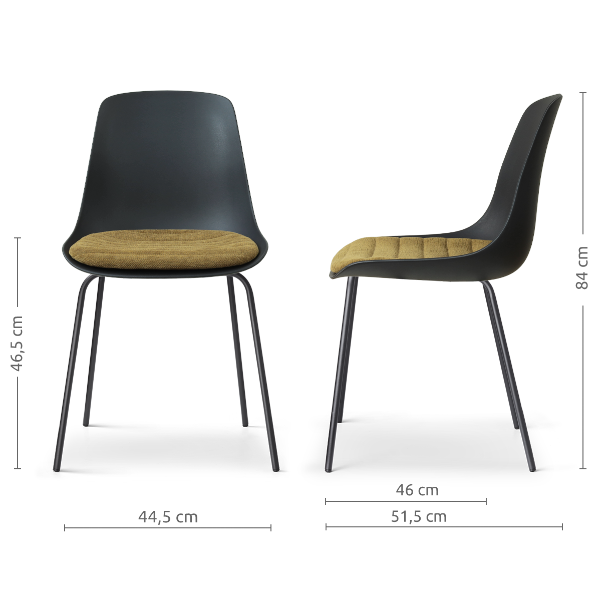 afmetingen van de Nora-Liv eetkamerstoel zwart met mosgroen zitkussen - zwart onderstel