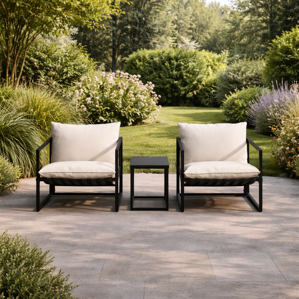 Ebba tuin loungeset zwart 3 delig – twee stoelen en een salontafel - met zitkussens tuinset - buiten - 2 persoons - metaal - outdoor