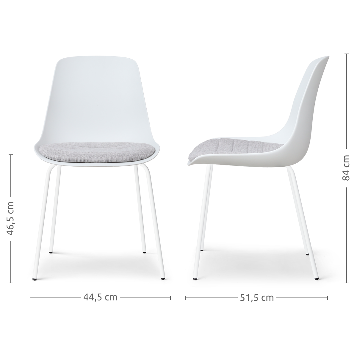 maatvoering van de Nora-Liv eetkamerstoel wit met lichtgrijs zitkussen - wit onderstel