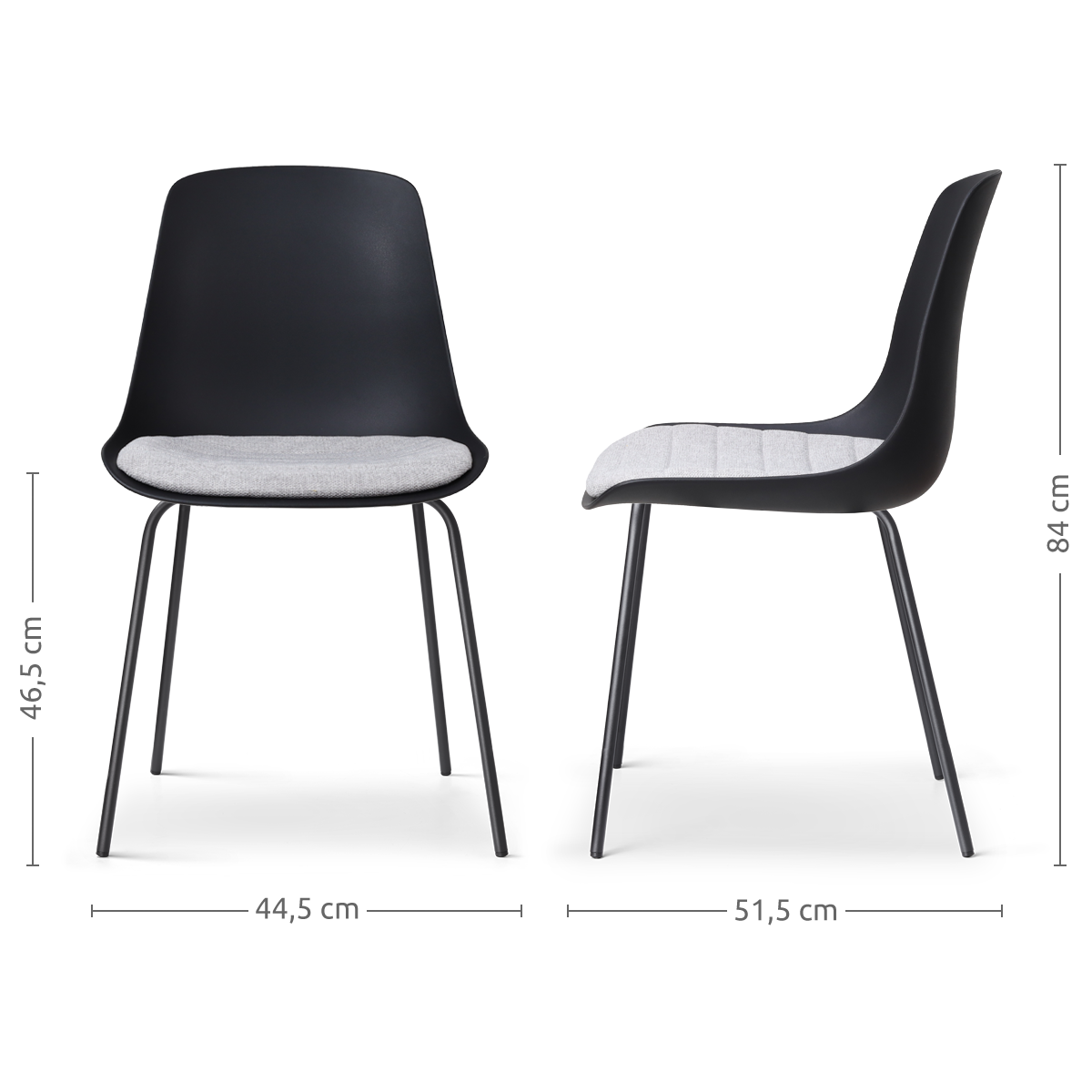 maatvoering van de Nora-Liv eetkamerstoel zwart met lichtgrijs zitkussen - zwart onderstel