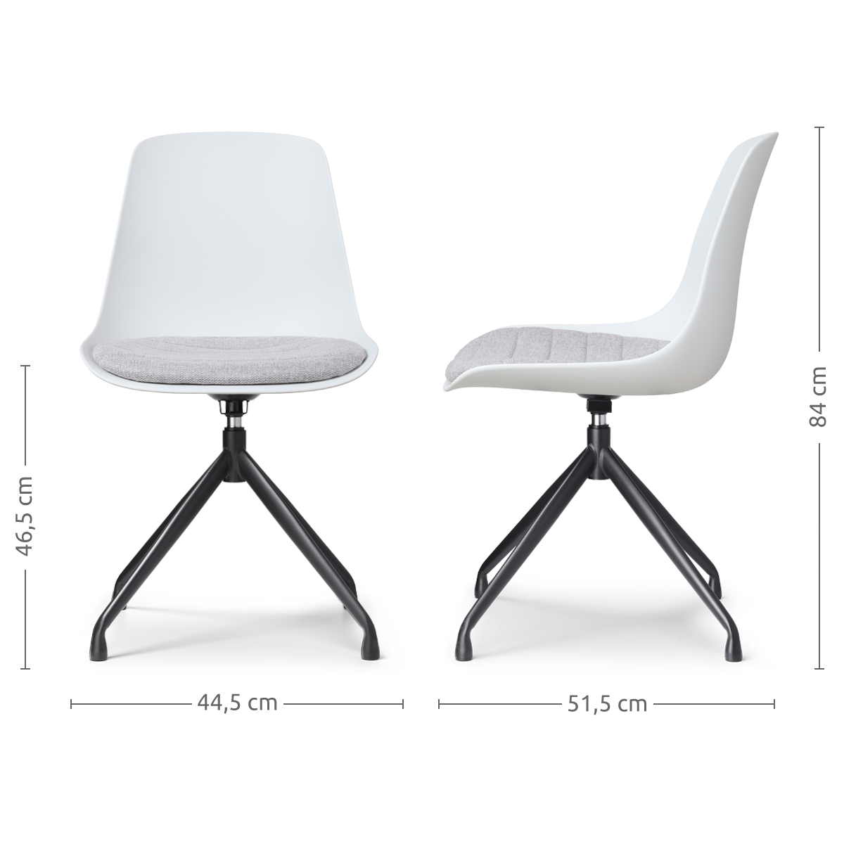 maatvoering van de Nola-Liv draaibare eetkamerstoel wit met lichtgrijs zitkussen - zwart onderstel