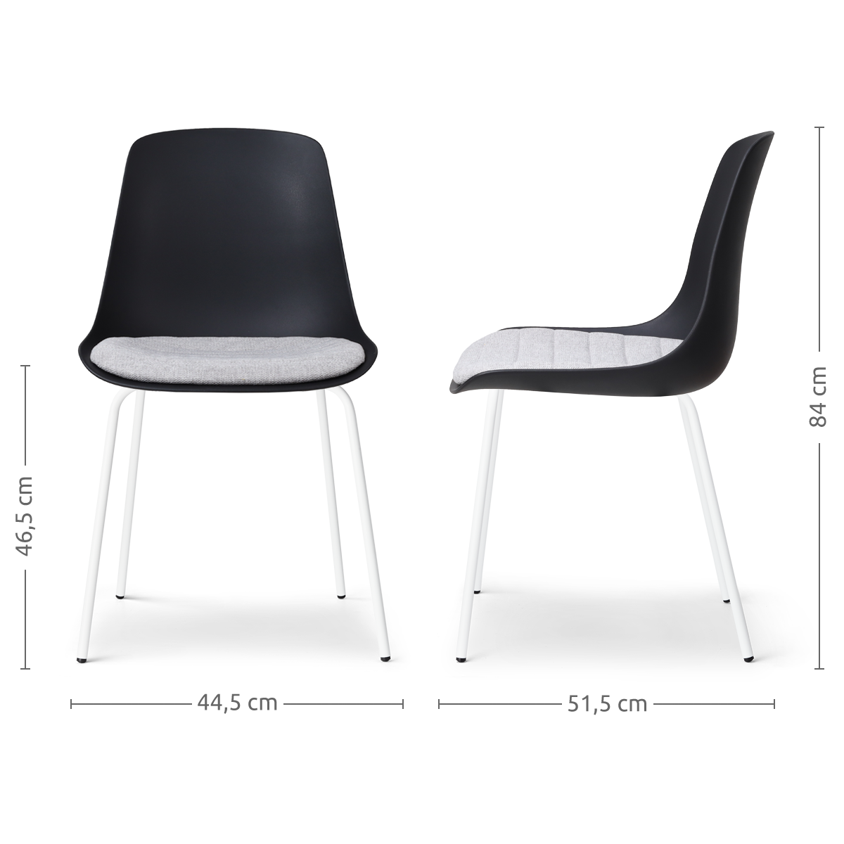 maatvoering van de Nora-Liv eetkamerstoel zwart met lichtgrijs zitkussen - wit onderstel