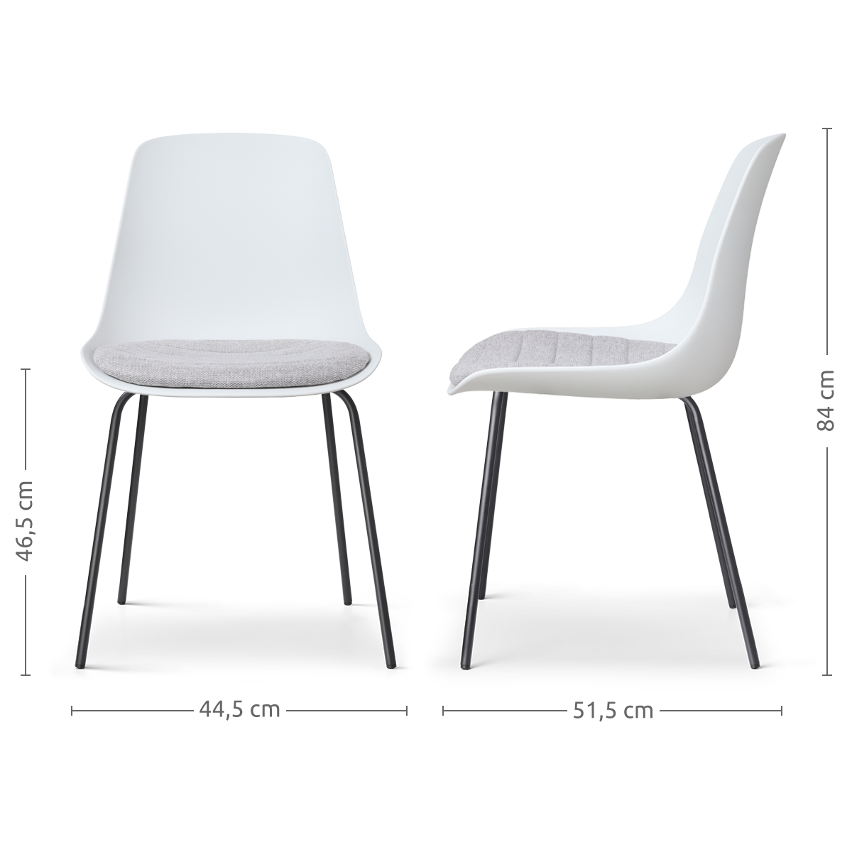 maatvoering van de Nora-Liv eetkamerstoel wit met lichtgrijs zitkussen - zwart onderstel