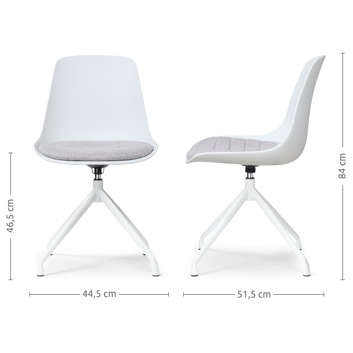 maatvoering van de Nola-Liv draaibare eetkamerstoel wit met lichtgrijs zitkussen - wit onderstel