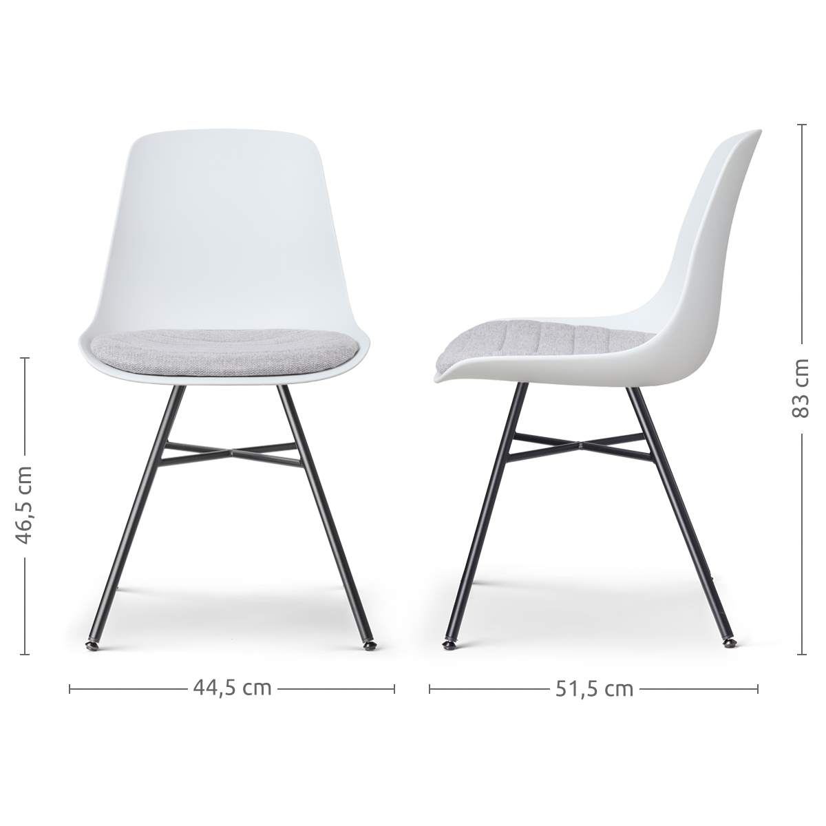 maatvoering van de Noa-Liv eetkamerstoel wit met lichtgrijs zitkussen - zwart onderstel