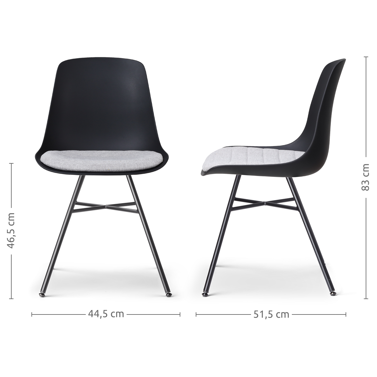 maatvoering van de Noa-Liv eetkamerstoel zwart met lichtgrijs zitkussen - zwart onderstel