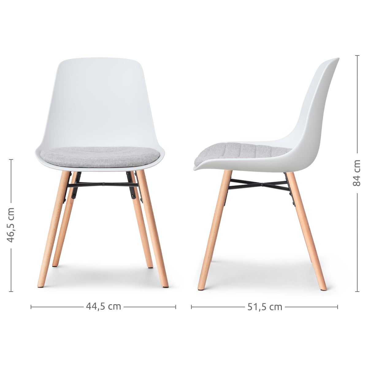 maatvoering van de Nena-Liv eetkamerstoel wit met lichtgrijs zitkussen - houten onderstel