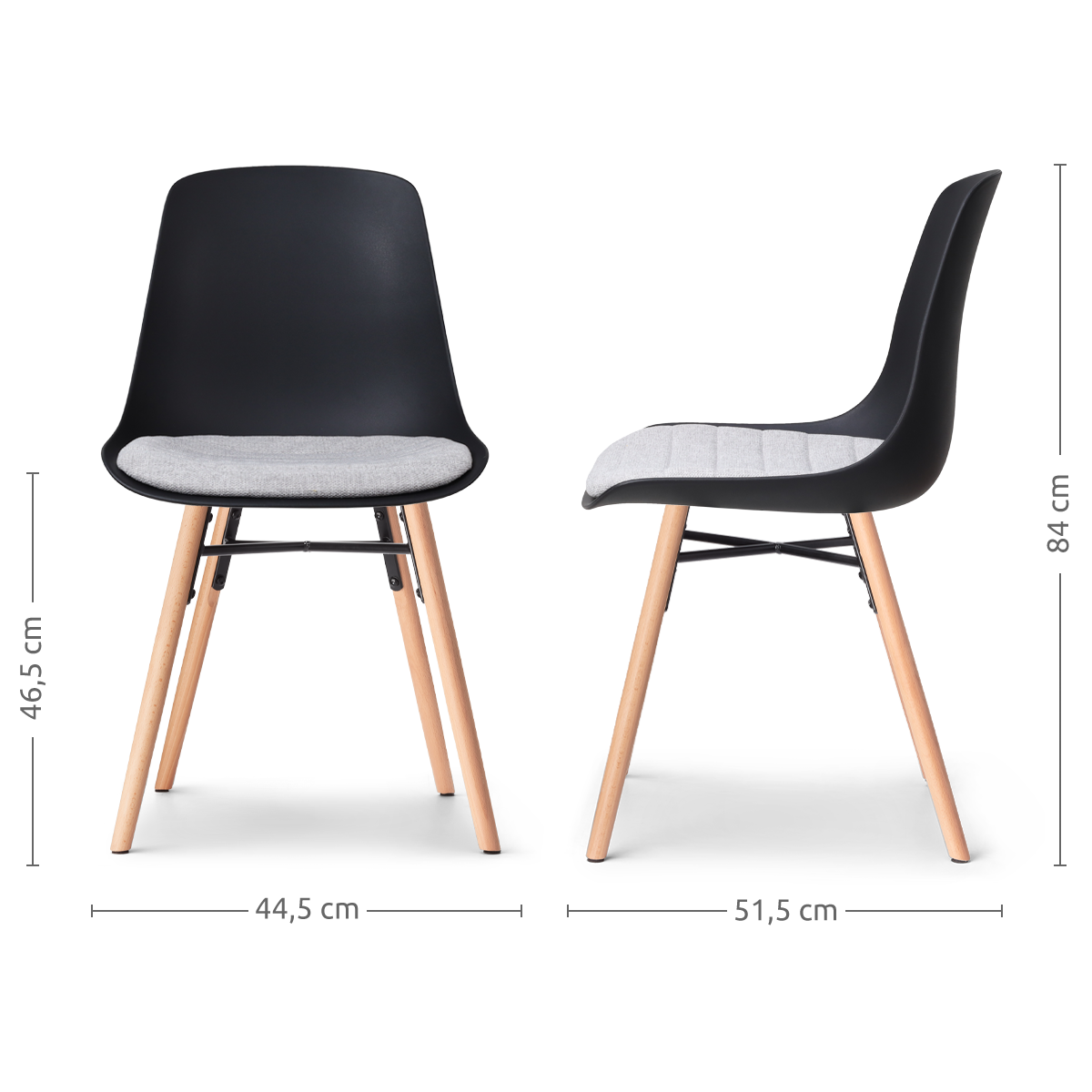 maatvoering van de Nena-Liv eetkamerstoel zwart met lichtgrijs zitkussen - houten onderstel